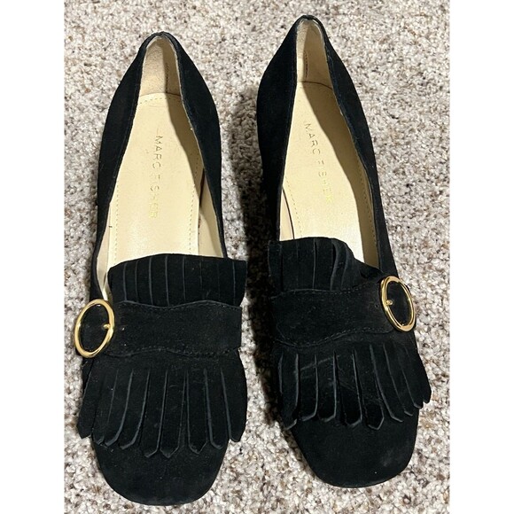 Marc Fisher Shoes - Marc Fisher Women's Loafers Suede Fringe Buckle Block Heel Black Size 6M
